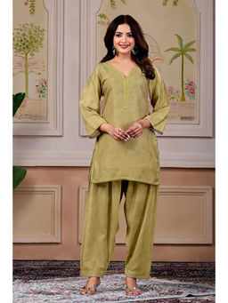 NIKATT - Women's Olive Lace Work Solid Kurta with Salwar