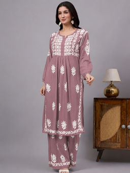 The Chikan Label - Mira Rayon Chikankari Kurta with Palazzo - Rose Pink
