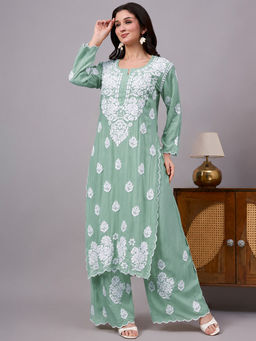 The Chikan Label - Najat Rayon Chikankari Kurta with Palazzo - Green