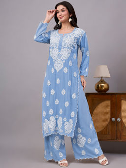 The Chikan Label - Najat Rayon Chikankari Kurta with Palazzo - Powder Blue