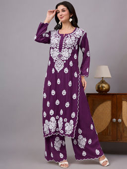 The Chikan Label - Najat Rayon Chikankari Kurta with Palazzo - Purple