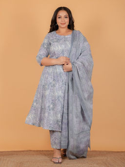 ARAMYA - Women Grey Soft Cotton A-Line Floral Print Kurta with Pant & Dupatta (Set of 3)