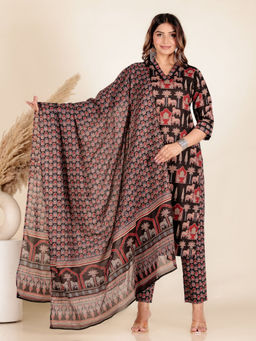ARAMYA - Women Black Soft Cotton Straight Abstract Print Kurta with Pant & Dupatta (Set of 3)
