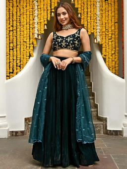 Lavanya The Label - Teal Velvet Lehenga (Set of 3)