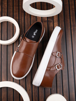 Styli - Men Tan Double Strap Buckled Flat Sole Casual Monk Strap Shoes