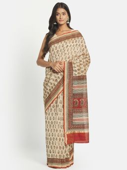 Fabindia - Beige Cotton Silk Butta Bagru Saree without Blouse