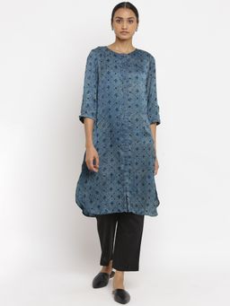 Folksong - Indigo Ajrakh Print Kurta in Lustrous Satin