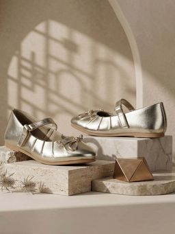 Bubblegummers - Girls Gold Metallic Mary Jane Ballerina with Stylish Ribbon Bow Tie