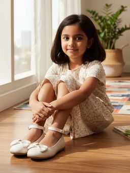 BOYZ N GALZ - Girls White Metallic Pearl Bow Ballerina
