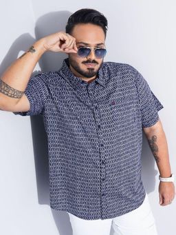 Hardsoda - Men Navy Blue Polycotton Collar Neck Relaxed Fit Abstract Casual Shirt