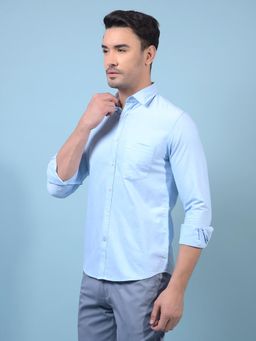 CRIMSOUNE CLUB - Men Blue Cotton Collar Neck Slim Fit Solid Casual Shirt