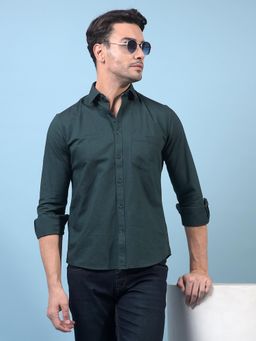 CRIMSOUNE CLUB - Men Green Cotton Collar Neck Slim Fit Solid Casual Shirt