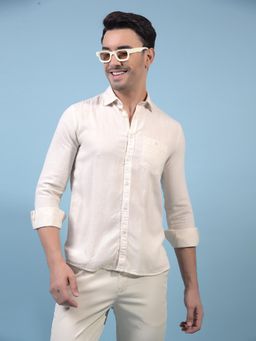 CRIMSOUNE CLUB - Men Beige Lyocell Blend Collar Neck Slim Fit Solid Casual Shirt