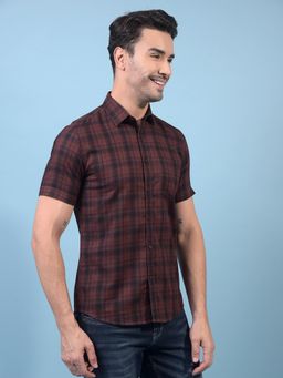 CRIMSOUNE CLUB - Men Brown Cotton Collar Neck Slim Fit Checks Casual Shirt