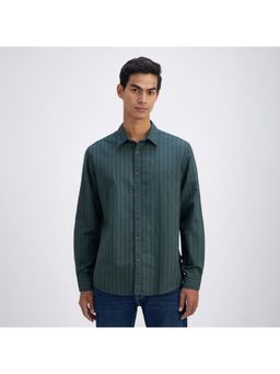 Pepe Jeans - Men Green Blended Collar Neck Regular Fit Stripes Casual Shirt