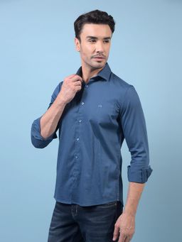 CRIMSOUNE CLUB - Men Blue Cotton Blend Collar Neck Slim Fit Solid Casual Shirt