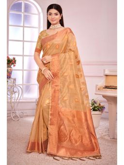 Sangam Prints - Beige Organza Woven Zari Work Traditional Tassel Saree with Unstitched Blouse