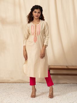 Likha - Beige Art Silk Embroidered Kurta LIKKUR177
