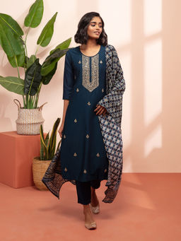 Likha - Navy Blue Embroidered Kurta Pant and Dupatta LIKSKD130 (Set of 3)