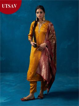 Likha - Mustard Satin Silk Kurta Pant and Brocade Dupatta LIKSKD129 (Set of 3)