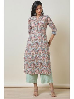 Soch - Womens Cream Pure Linen Print Princess Cut Kurta