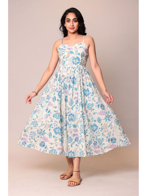 Buy Zari Jaipur Cotton Blue Floral Print Dress Online