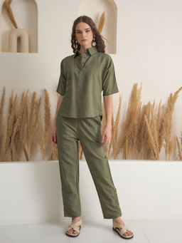 SAY - Women Olive Viscose Rayon Co-Ord (Set of 2)