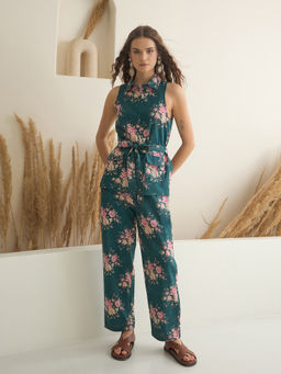 SAY - Women Sea Green Floral Print Pure Cotton Co-Ord (Set of 3)