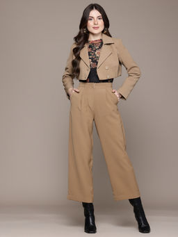 Label Ritu Kumar - Beige Notched Lapel Full Sleeves Solid Plain Co-Ord Set