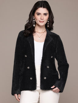 Label Ritu Kumar - Black Notched Lapel Full Sleeves Solid Plain Jacket