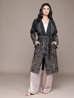 Label Ritu Kumar - Black Notched Lapel Full Sleeves Floral Jacket