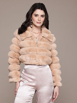 Label Ritu Kumar - Beige Collar Neck Full Sleeves Solid Plain Jacket