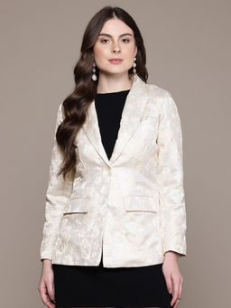 Label Ritu Kumar - White Notched Lapel Full Sleeves Textured Blazer