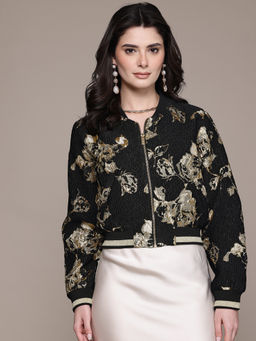 Label Ritu Kumar - Black Mandarin Neck Full Sleeves Floral Jacket