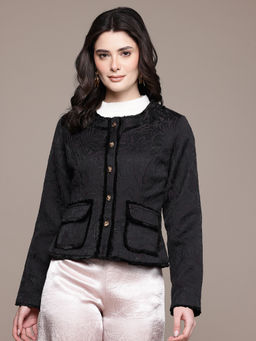 Label Ritu Kumar - Black Round Neck Full Sleeves Solid Plain Jacket