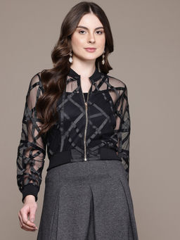 Label Ritu Kumar - Black Mandarin Neck Full Sleeves Solid Plain Jacket