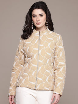 Label Ritu Kumar - Beige Mandarin Neck Full Sleeves Textured Jacket