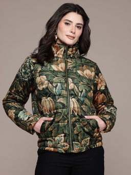 Label Ritu Kumar - Olive High Neck Full Sleeves Floral Jacket