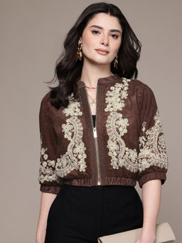 Label Ritu Kumar - Brown Mandarin Neck Three Fourth Sleeves Embroidered Jacket