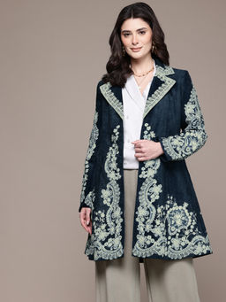Label Ritu Kumar - Navy Blue Notched Lapel Full Sleeves Embroidered Jacket