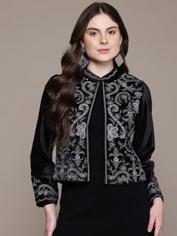 Label Ritu Kumar - Black Mandarin Neck Full Sleeves Embroidered Jacket