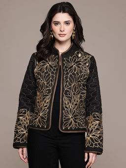 Label Ritu Kumar - Black Reversible Mandarin Neck Full Sleeves Embroidered Jacket