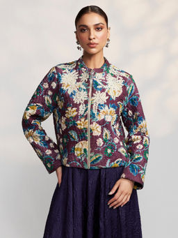 Label Ritu Kumar - Burgundy Mandarin Neck Full Sleeves Floral Jacket