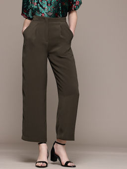 Label Ritu Kumar - Olive Straight Fit Solid Plain Pant