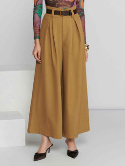 Label Ritu Kumar - Brown Loose Fit Solid Plain Pant