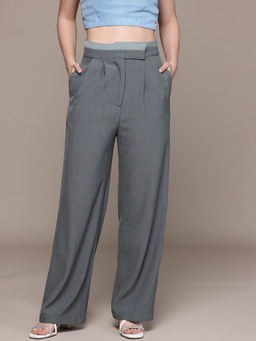 Label Ritu Kumar - Grey Straight Fit Solid Plain Pant