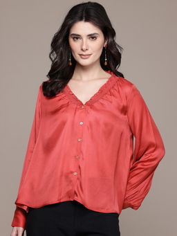 Label Ritu Kumar - Coral V-Neck Full Sleeves Solid Plain Shirt