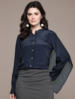 Label Ritu Kumar - Navy Blue Mandarin Neck Full Sleeves Solid Plain Shirt
