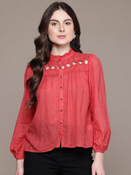 Label Ritu Kumar - Red Crew Neck Full Sleeves Solid Plain Top