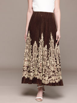 Label Ritu Kumar - Brown Mid Waist Printed Skirt